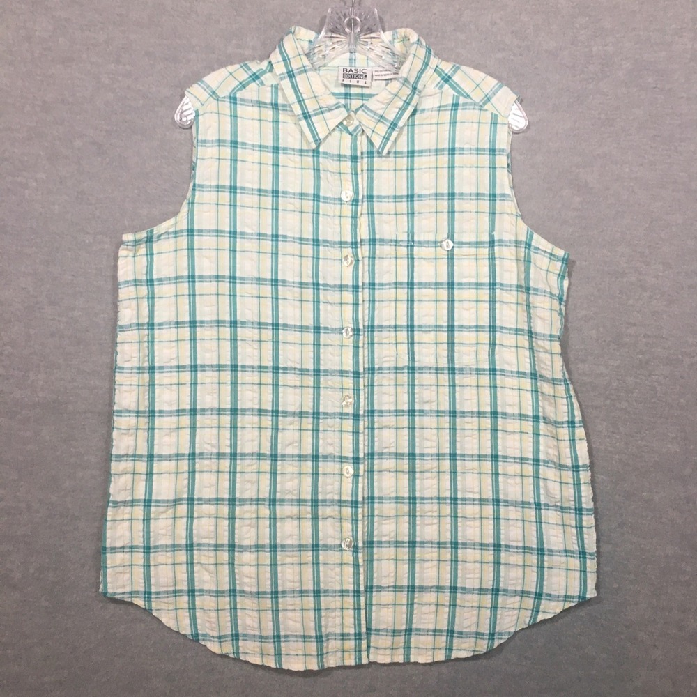 Basic Editions 18W Sleeveless Seersucker Button-Up Shirt Teal Green White Plaid